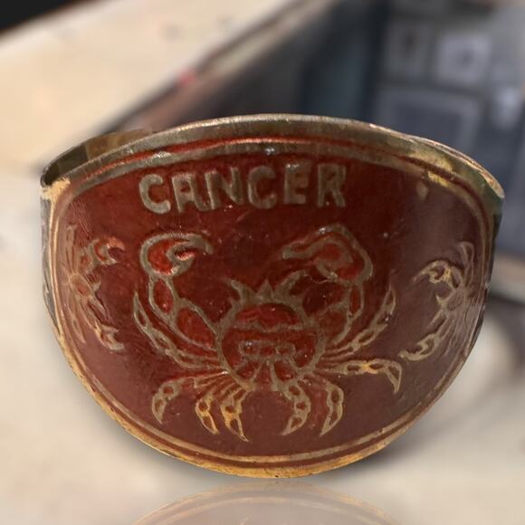 Vintage Brass Hand Painted CANCER Zodiac Astrology Cuff Bracelet - Picture 1 of 10